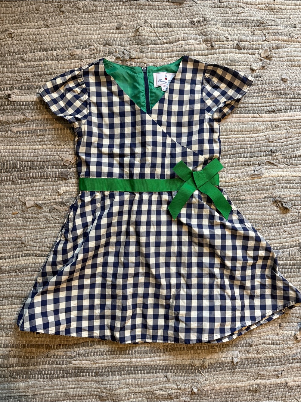 Classic Prep Navy and White Gingham Dress with Green Ribbon Accent